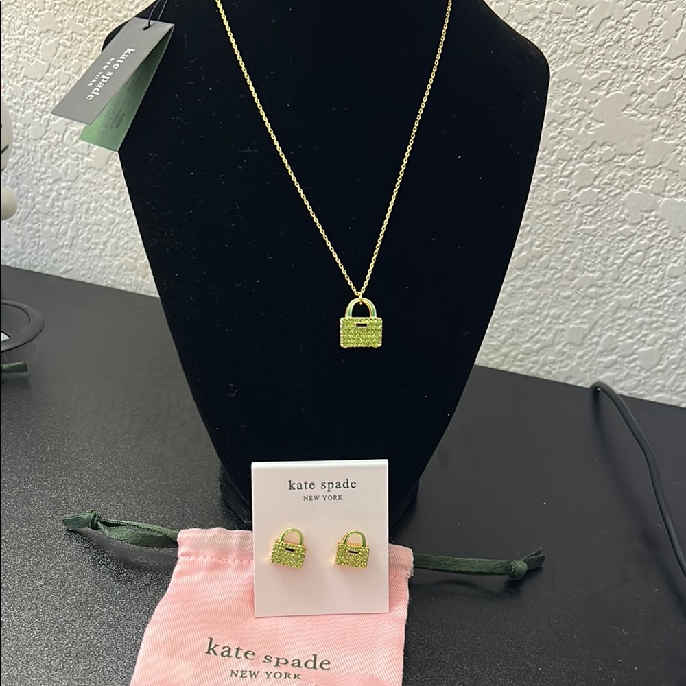 Kate Spade Gold and Green Necklace and Earrings Set